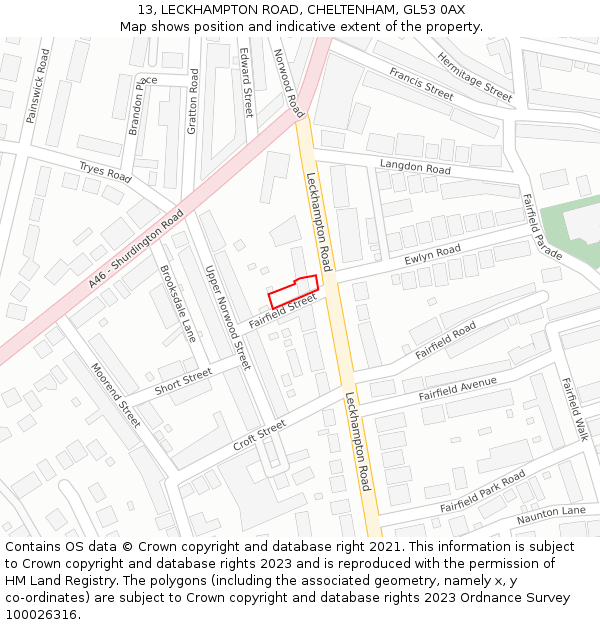 13, LECKHAMPTON ROAD, CHELTENHAM, GL53 0AX: Location map and indicative extent of plot