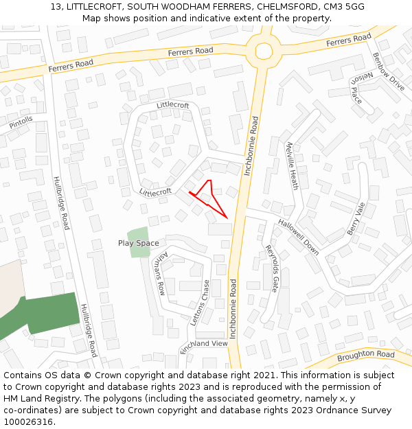 13, LITTLECROFT, SOUTH WOODHAM FERRERS, CHELMSFORD, CM3 5GG: Location map and indicative extent of plot