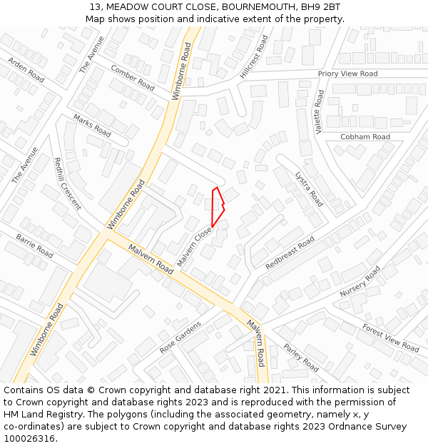 13, MEADOW COURT CLOSE, BOURNEMOUTH, BH9 2BT: Location map and indicative extent of plot