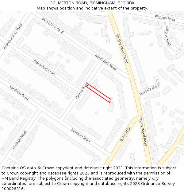 13, MERTON ROAD, BIRMINGHAM, B13 9BX: Location map and indicative extent of plot