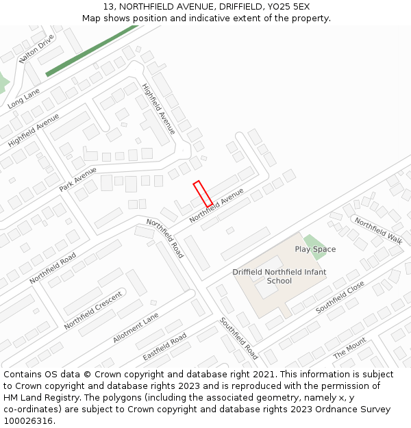 13, NORTHFIELD AVENUE, DRIFFIELD, YO25 5EX: Location map and indicative extent of plot