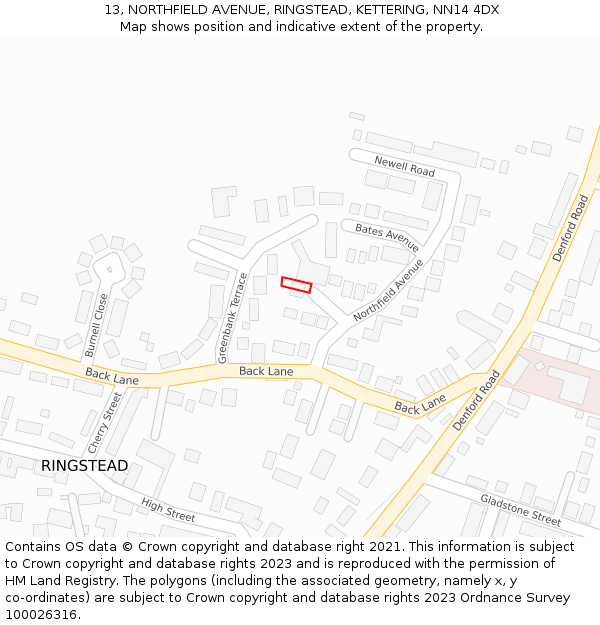 13, NORTHFIELD AVENUE, RINGSTEAD, KETTERING, NN14 4DX: Location map and indicative extent of plot