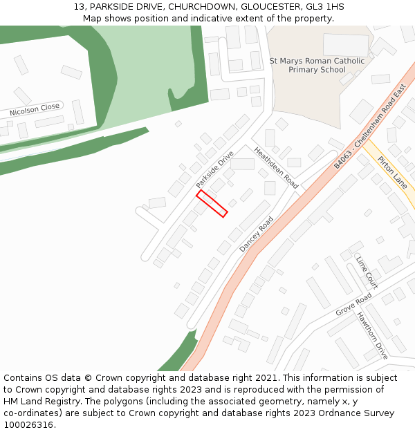 13, PARKSIDE DRIVE, CHURCHDOWN, GLOUCESTER, GL3 1HS: Location map and indicative extent of plot