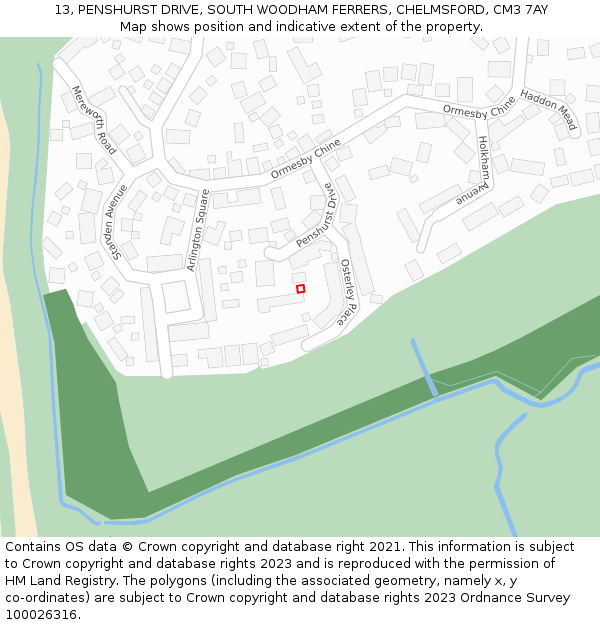 13, PENSHURST DRIVE, SOUTH WOODHAM FERRERS, CHELMSFORD, CM3 7AY: Location map and indicative extent of plot