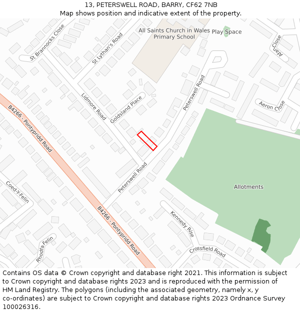 13, PETERSWELL ROAD, BARRY, CF62 7NB: Location map and indicative extent of plot