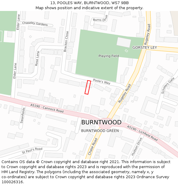 13, POOLES WAY, BURNTWOOD, WS7 9BB: Location map and indicative extent of plot