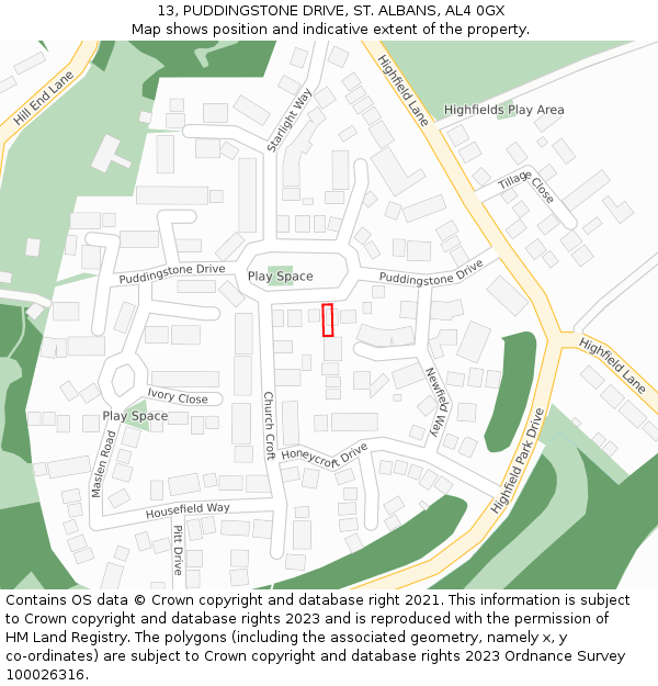 13, PUDDINGSTONE DRIVE, ST. ALBANS, AL4 0GX: Location map and indicative extent of plot