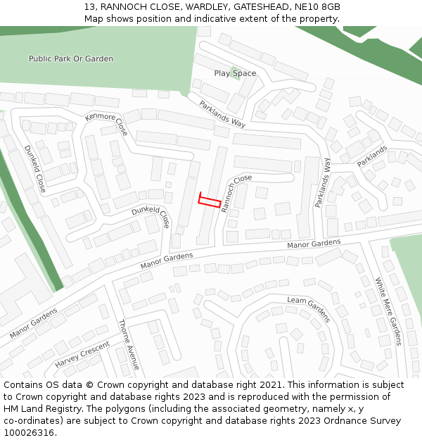 13, RANNOCH CLOSE, WARDLEY, GATESHEAD, NE10 8GB: Location map and indicative extent of plot