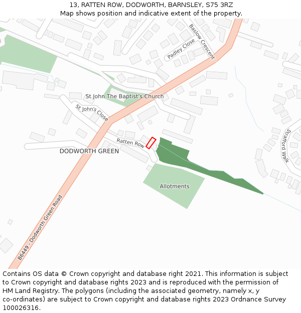 13, RATTEN ROW, DODWORTH, BARNSLEY, S75 3RZ: Location map and indicative extent of plot