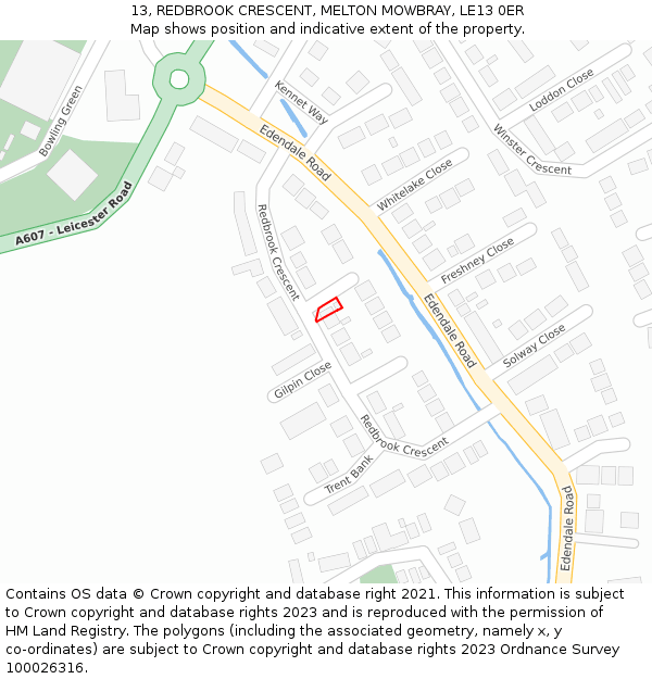 13, REDBROOK CRESCENT, MELTON MOWBRAY, LE13 0ER: Location map and indicative extent of plot