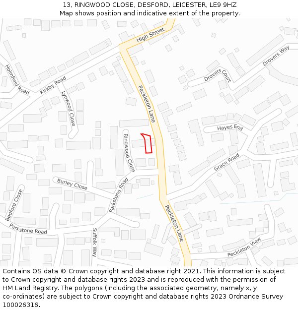 13, RINGWOOD CLOSE, DESFORD, LEICESTER, LE9 9HZ: Location map and indicative extent of plot