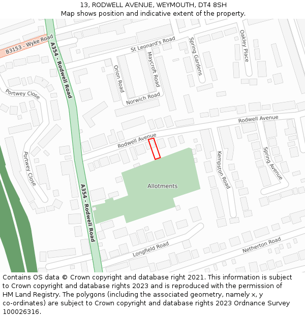 13, RODWELL AVENUE, WEYMOUTH, DT4 8SH: Location map and indicative extent of plot