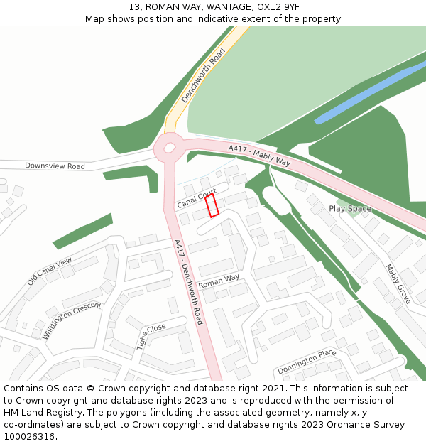 13, ROMAN WAY, WANTAGE, OX12 9YF: Location map and indicative extent of plot