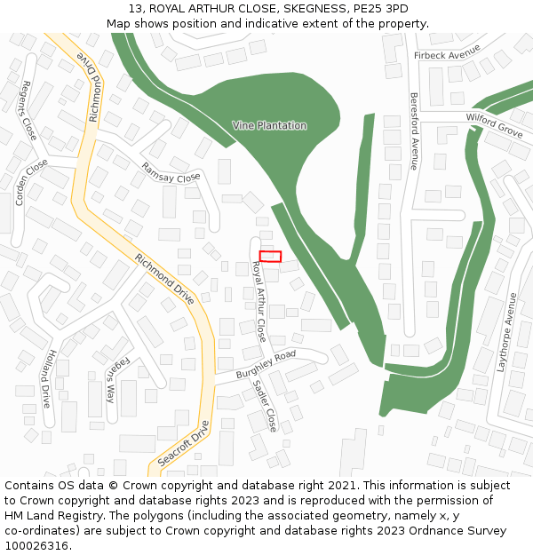 13, ROYAL ARTHUR CLOSE, SKEGNESS, PE25 3PD: Location map and indicative extent of plot