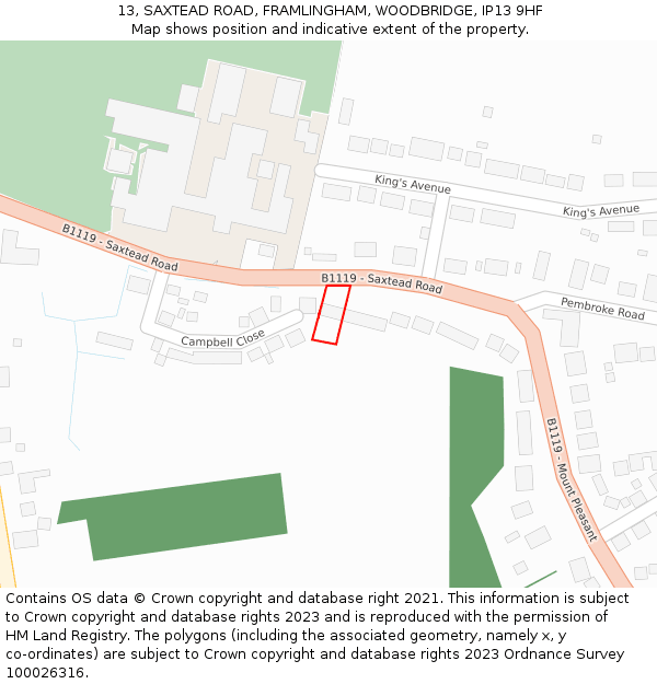 13, SAXTEAD ROAD, FRAMLINGHAM, WOODBRIDGE, IP13 9HF: Location map and indicative extent of plot