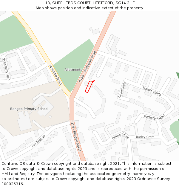 13, SHEPHERDS COURT, HERTFORD, SG14 3HE: Location map and indicative extent of plot