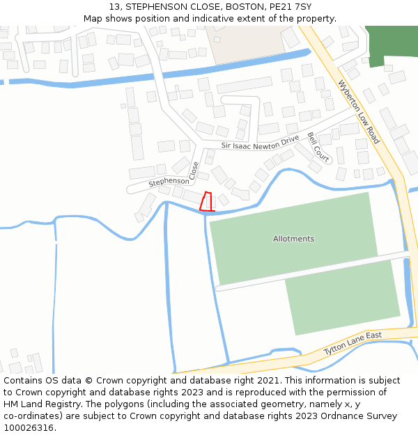 13, STEPHENSON CLOSE, BOSTON, PE21 7SY: Location map and indicative extent of plot