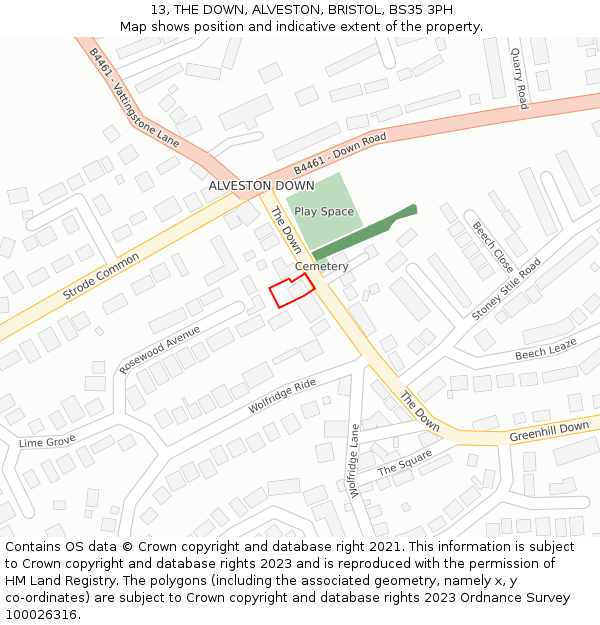 13, THE DOWN, ALVESTON, BRISTOL, BS35 3PH: Location map and indicative extent of plot