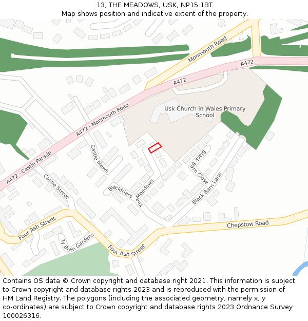 13, THE MEADOWS, USK, NP15 1BT: Location map and indicative extent of plot