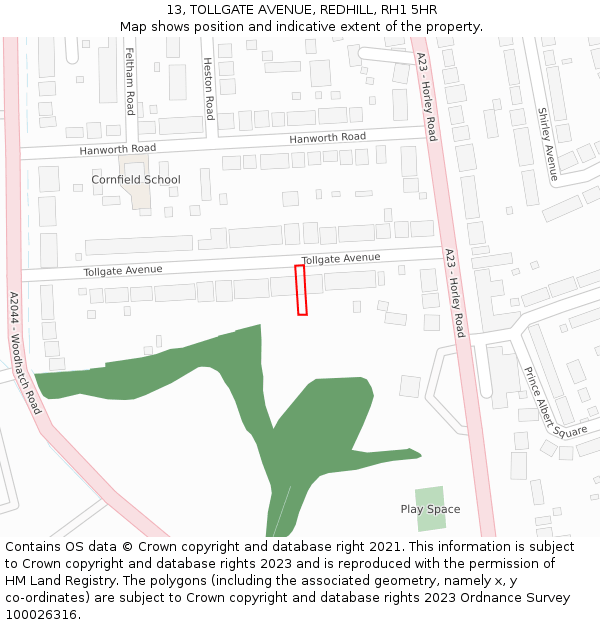 13, TOLLGATE AVENUE, REDHILL, RH1 5HR: Location map and indicative extent of plot