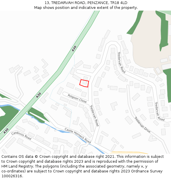 13, TREDARVAH ROAD, PENZANCE, TR18 4LD: Location map and indicative extent of plot