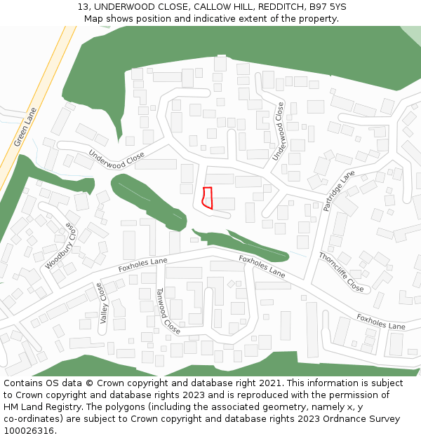 13, UNDERWOOD CLOSE, CALLOW HILL, REDDITCH, B97 5YS: Location map and indicative extent of plot