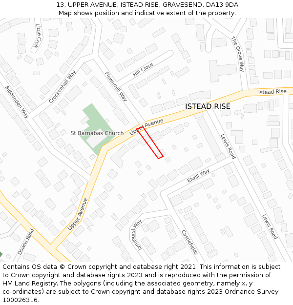 13, UPPER AVENUE, ISTEAD RISE, GRAVESEND, DA13 9DA: Location map and indicative extent of plot