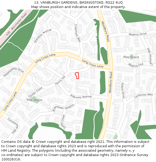 13, VANBURGH GARDENS, BASINGSTOKE, RG22 4UQ: Location map and indicative extent of plot