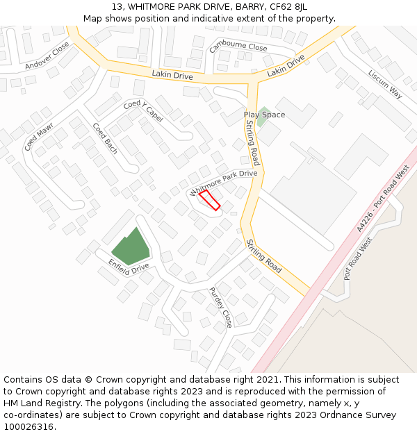 13, WHITMORE PARK DRIVE, BARRY, CF62 8JL: Location map and indicative extent of plot