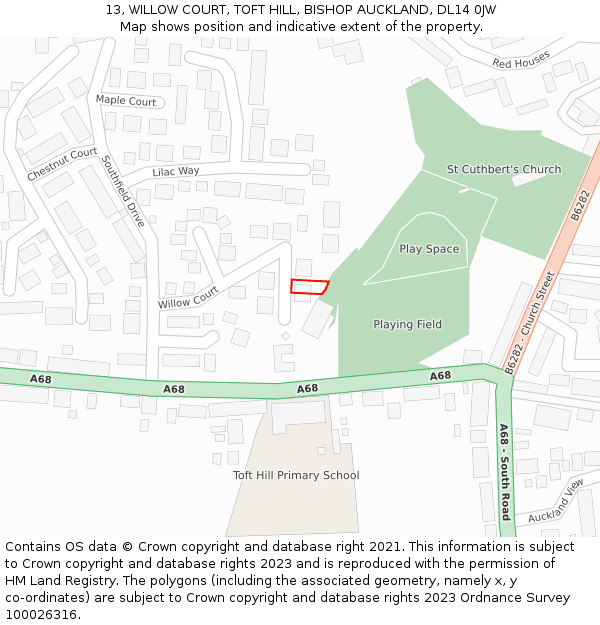 13, WILLOW COURT, TOFT HILL, BISHOP AUCKLAND, DL14 0JW: Location map and indicative extent of plot