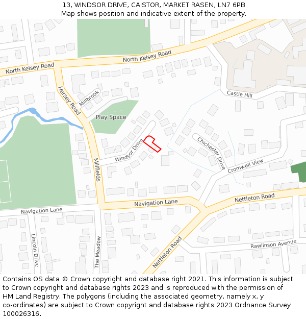 13, WINDSOR DRIVE, CAISTOR, MARKET RASEN, LN7 6PB: Location map and indicative extent of plot