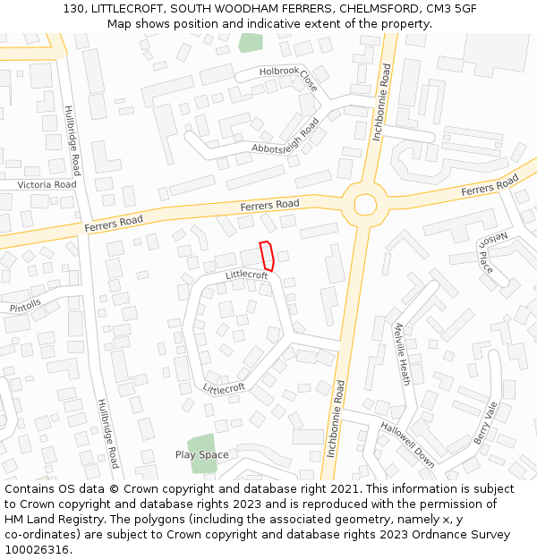 130, LITTLECROFT, SOUTH WOODHAM FERRERS, CHELMSFORD, CM3 5GF: Location map and indicative extent of plot