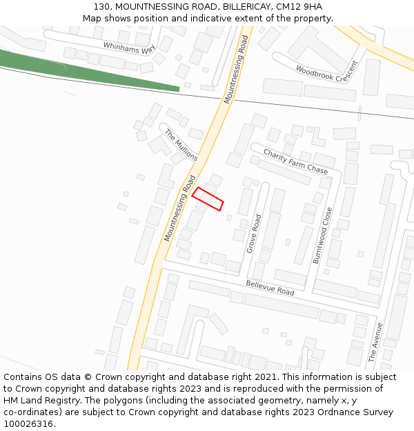 130, MOUNTNESSING ROAD, BILLERICAY, CM12 9HA: Location map and indicative extent of plot