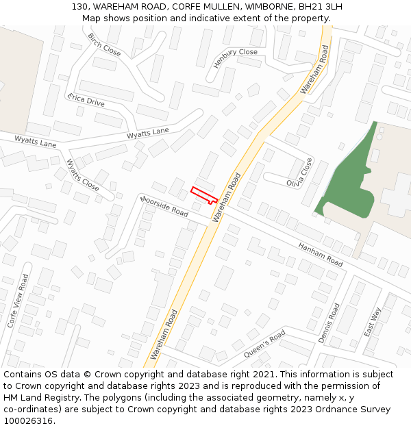 130, WAREHAM ROAD, CORFE MULLEN, WIMBORNE, BH21 3LH: Location map and indicative extent of plot