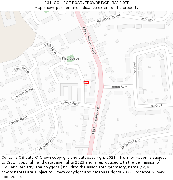 131, COLLEGE ROAD, TROWBRIDGE, BA14 0EP: Location map and indicative extent of plot