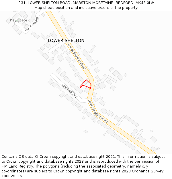 131, LOWER SHELTON ROAD, MARSTON MORETAINE, BEDFORD, MK43 0LW: Location map and indicative extent of plot