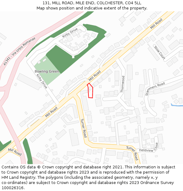 131, MILL ROAD, MILE END, COLCHESTER, CO4 5LL: Location map and indicative extent of plot