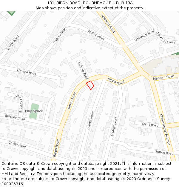 131, RIPON ROAD, BOURNEMOUTH, BH9 1RA: Location map and indicative extent of plot