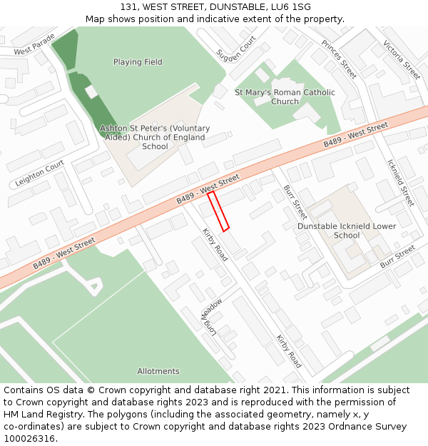 131, WEST STREET, DUNSTABLE, LU6 1SG: Location map and indicative extent of plot