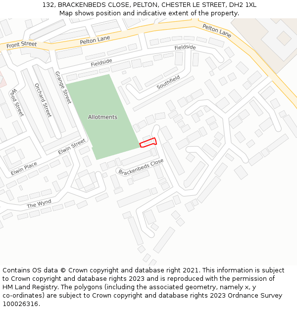 132, BRACKENBEDS CLOSE, PELTON, CHESTER LE STREET, DH2 1XL: Location map and indicative extent of plot