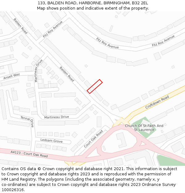 133, BALDEN ROAD, HARBORNE, BIRMINGHAM, B32 2EL: Location map and indicative extent of plot