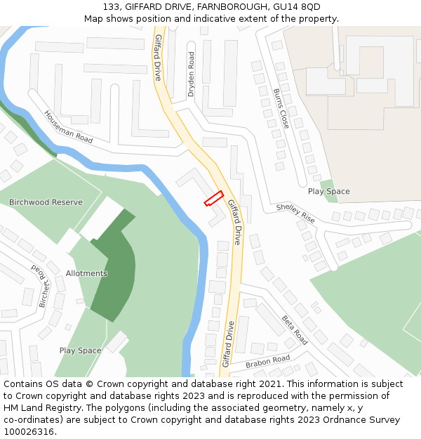 133, GIFFARD DRIVE, FARNBOROUGH, GU14 8QD: Location map and indicative extent of plot