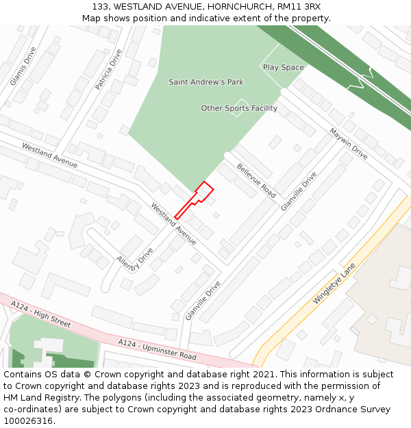 133, WESTLAND AVENUE, HORNCHURCH, RM11 3RX: Location map and indicative extent of plot