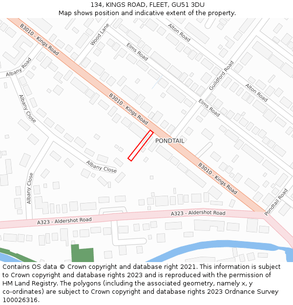 134, KINGS ROAD, FLEET, GU51 3DU: Location map and indicative extent of plot