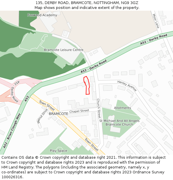 135, DERBY ROAD, BRAMCOTE, NOTTINGHAM, NG9 3GZ: Location map and indicative extent of plot