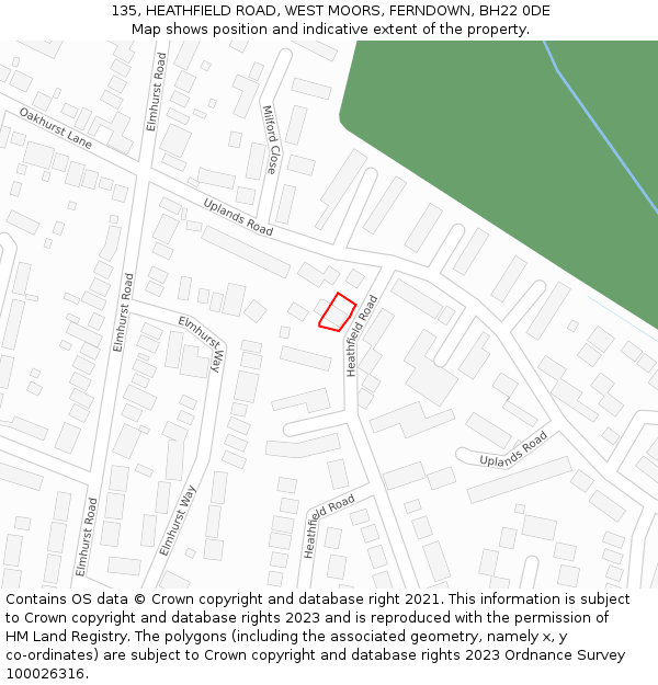 135, HEATHFIELD ROAD, WEST MOORS, FERNDOWN, BH22 0DE: Location map and indicative extent of plot