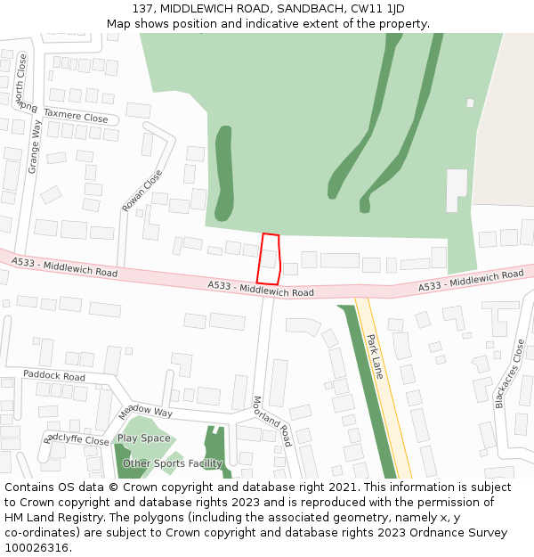 137, MIDDLEWICH ROAD, SANDBACH, CW11 1JD: Location map and indicative extent of plot