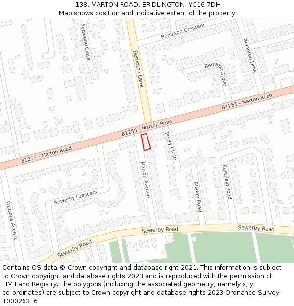 138, MARTON ROAD, BRIDLINGTON, YO16 7DH: Location map and indicative extent of plot