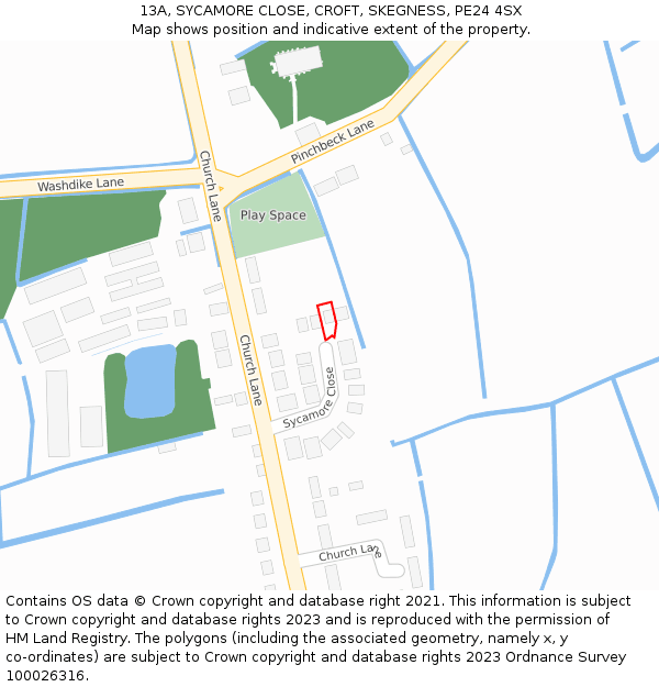 13A, SYCAMORE CLOSE, CROFT, SKEGNESS, PE24 4SX: Location map and indicative extent of plot