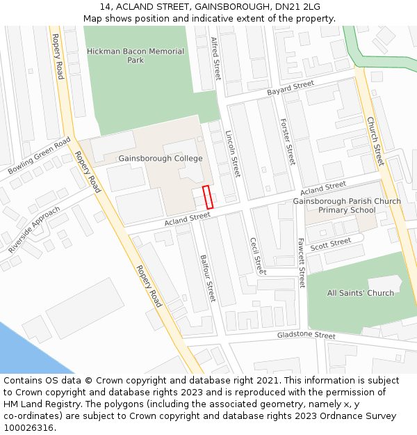 14, ACLAND STREET, GAINSBOROUGH, DN21 2LG: Location map and indicative extent of plot